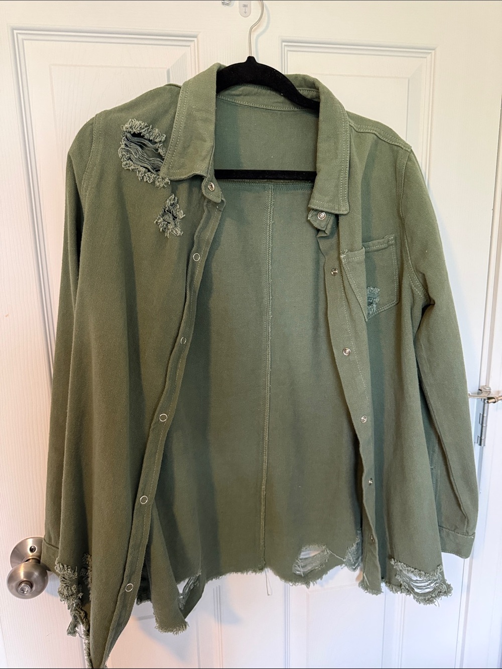 Olive Green Distressed Button-Up Shirt Jacket